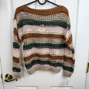 Love Knits NYC Sweater Women XS Stripe Pointelle Crochet Lightweight Travel Boho